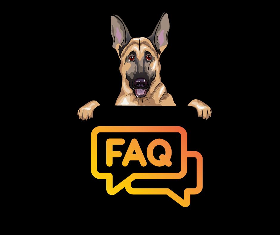 Cartoon German Shepherd holding a FAQ sign