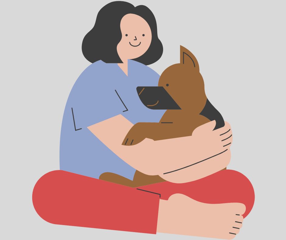 Cartoon of lady adopting a German Shepherd