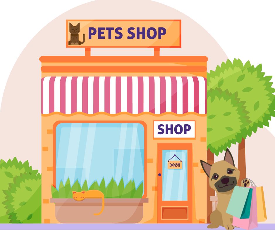 Cartoon of a German Shepherd puppy stood outside a pet shop